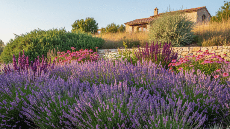 Obraz pokazujący bajkowy, słoneczny fragment ogrodu w stylu śródziemnomorskim lub suchym, gdzie dominują rośliny odporne na upały