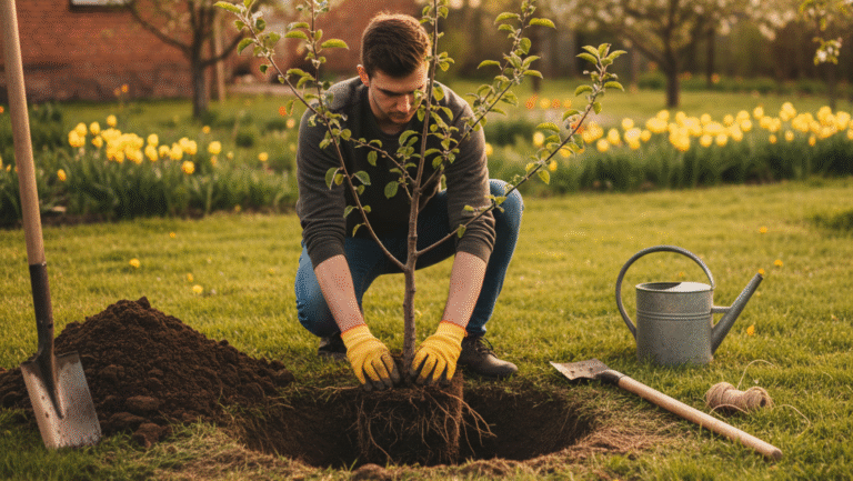 Obraz pokazujący zbliżenie na proces sadzenia młodego drzewka owocowego w słoneczny, jesienny lub wiosenny dzień