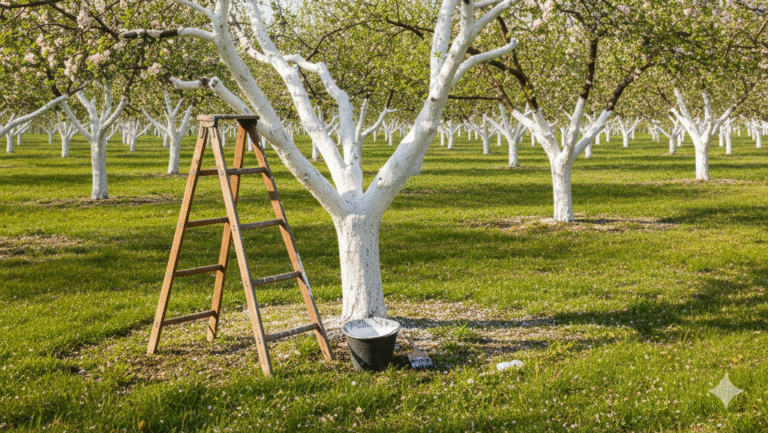 Obraz pokazujący sad owocowy w pełnym rozkwicie, prawdopodobnie wiosną, w słoneczny dzień