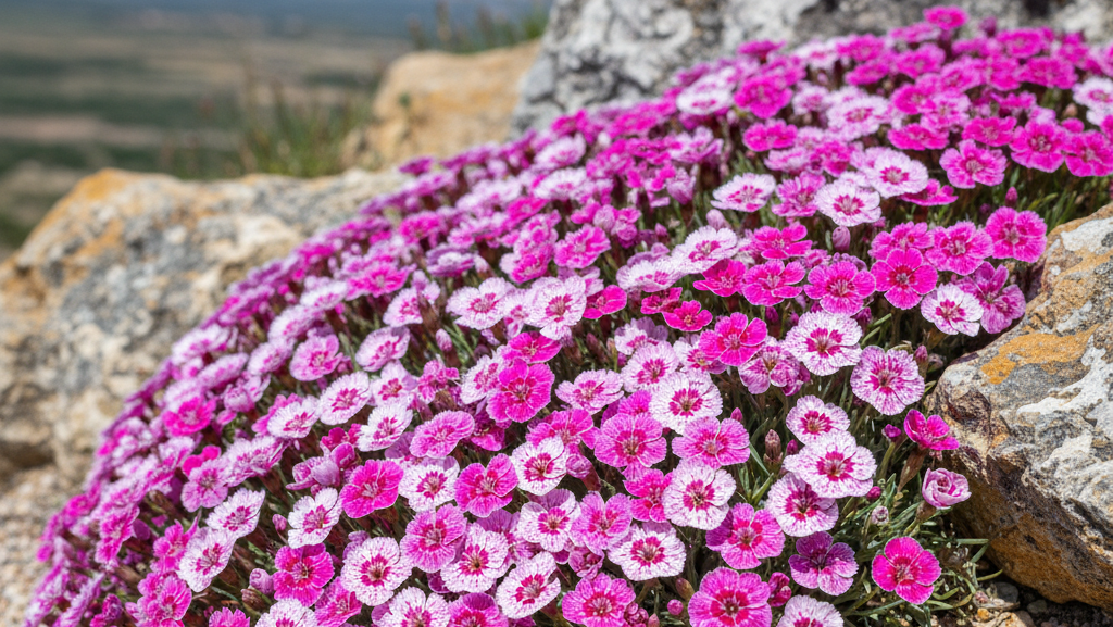 Obraz pokazujący zbliżenie na bujną, kwitnącą kępę Goździka kropkowanego (Dianthus deltoides) rosnącą na suchym, skalistym zboczu lub skalniaku, w pełnym słońcu