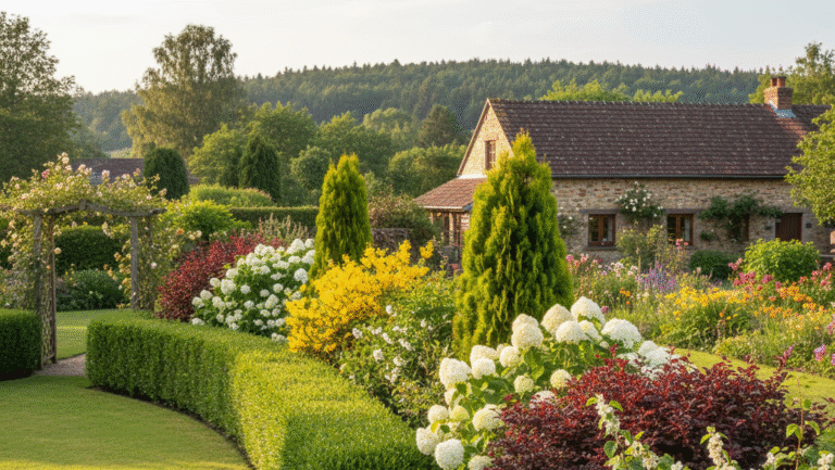 Obraz pokazujący gęsty i różnorodny żywopłot stanowiący zieloną barierę odgradzającą zadbany, słoneczny ogród od zewnętrznego świata